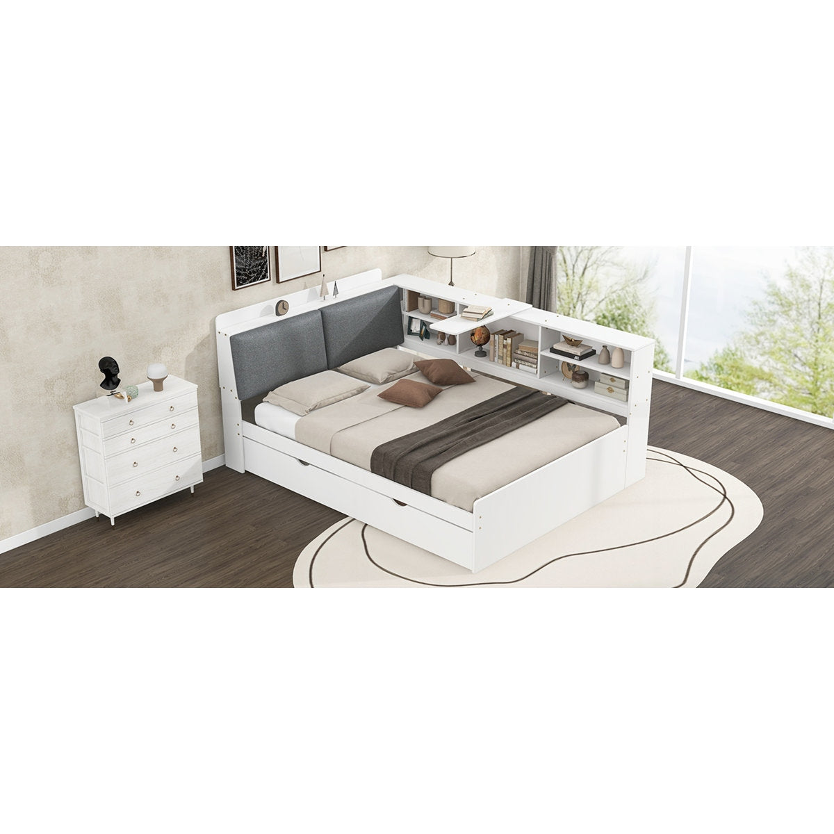 Modern bedroom setup with a white bed, nightstand, and shelves.