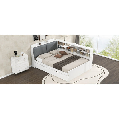 Modern bedroom setup with a white bed, nightstand, and shelves.