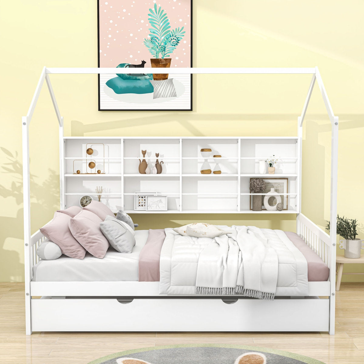 Children's room with a white house-shaped bed and shelves on a yellow wall.