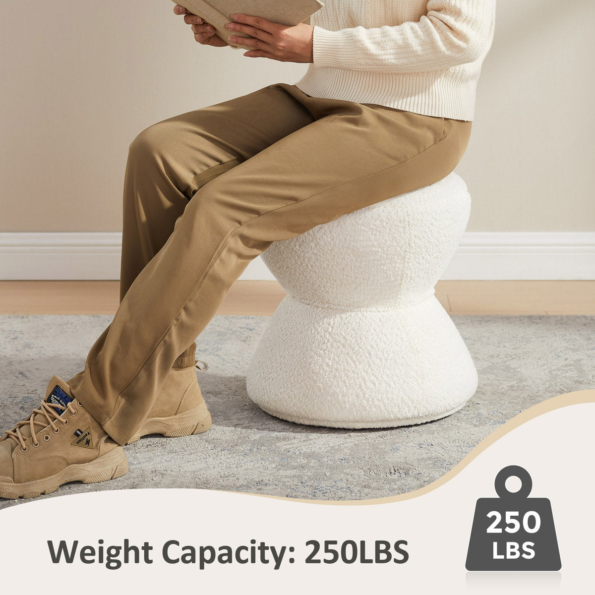 Person sitting on a white textured stool with a weight capacity label