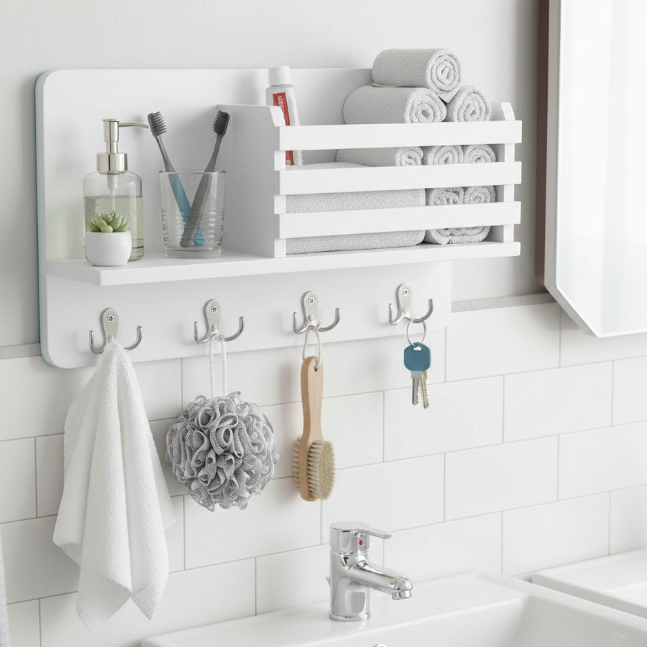 white wall mounted Bathroom organizer with shelf 