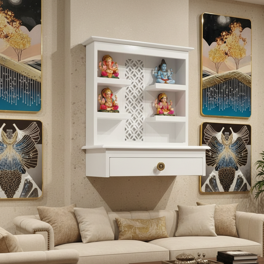 Living room with a white wall unit displaying small statues, surrounded by colorful abstract paintings.