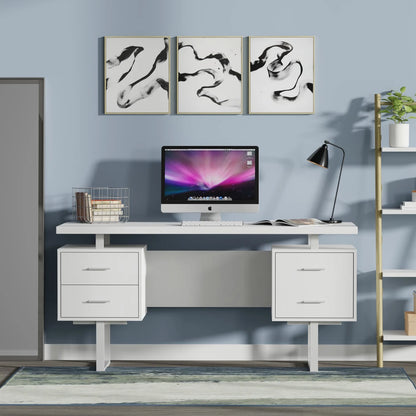 Modern office desk with computer setup against a light blue wall with abstract art.