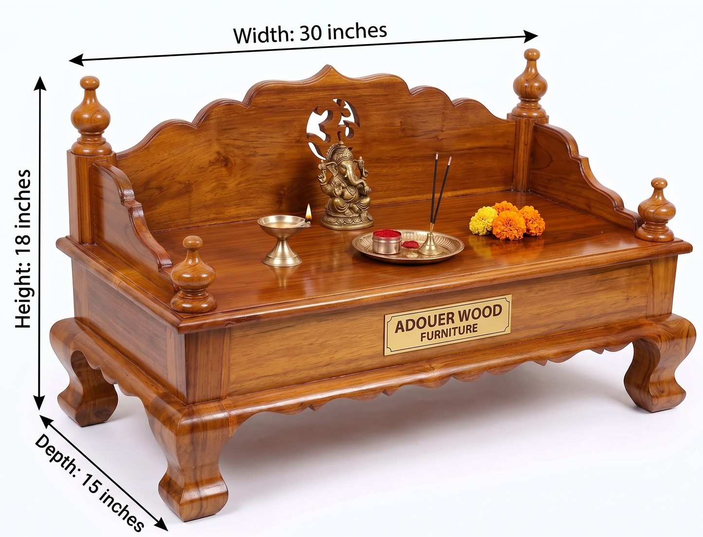 A wooden altar bench or sofa-style table shown on a white background with dimension arrows and labels indicating width 30 inches, height 18 inches, and depth 15 inches. The bench is made of warm medium-brown wood and includes decorative carved details, turned finials, a central cutout, a brass plaque reading 'ADQUER WOOD FURNITURE,' a small statue, brass incense holders, and orange marigold flowers placed on top.