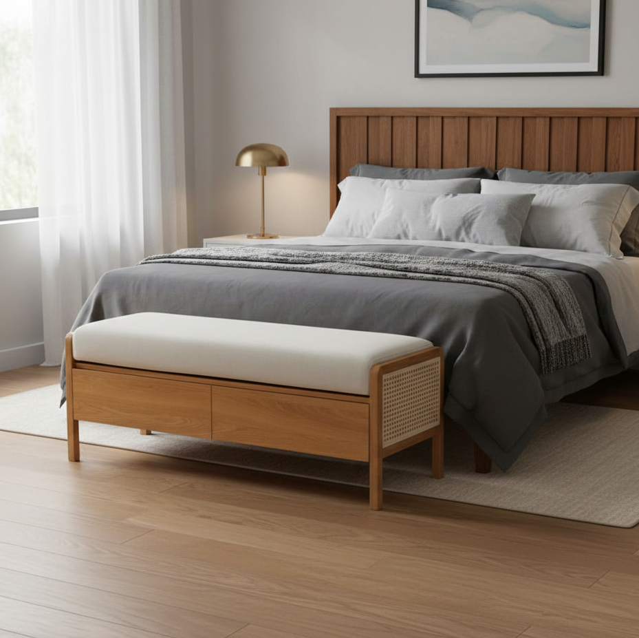 Bedroom with wooden bed, bench, and lamp in a well-lit room.