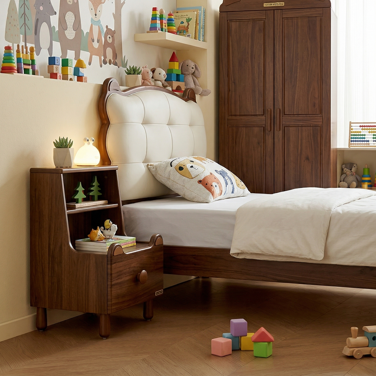 Children's bedroom with wooden bed, nightstand, and toys.