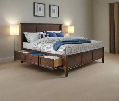 A wooden bed frame with storage drawers, finished in walnut, with a mattress on top in a bedroom setting.