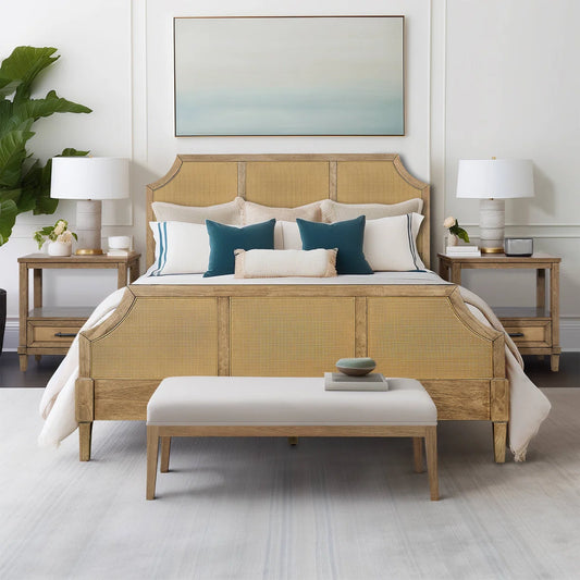 Bedroom with a wooden bed, nightstands, and a bench.