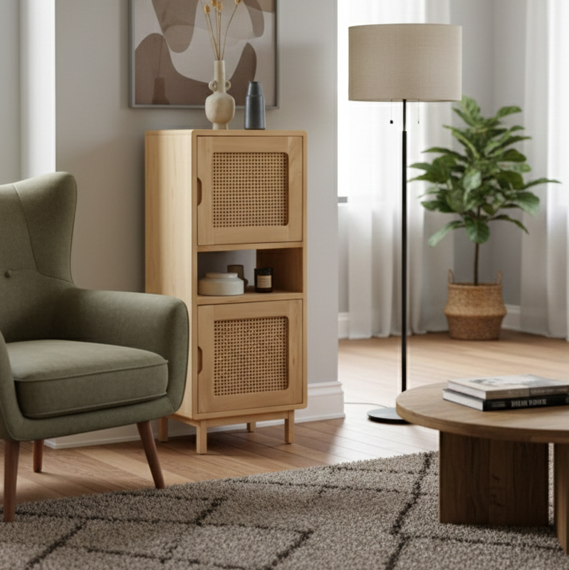 Living room with wooden cabinet, green armchair, and floor lamp.