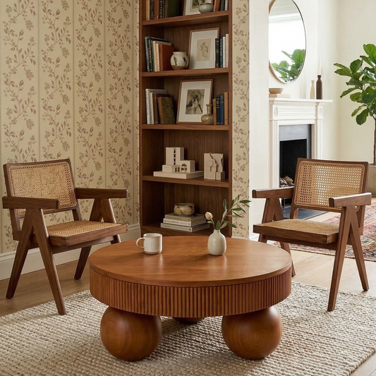 Living room with wooden coffee table, chairs, and bookshelf.