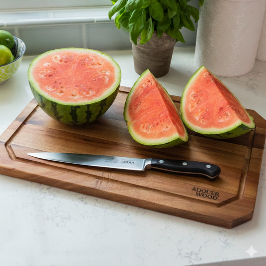 Watermelon cut into slices on a wooden cutting board with a knife, on a kitchen counter.