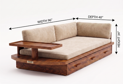 A wooden daybed with beige cushions shown on a white studio background, with dimension arrows and labels indicating width 96 inches, depth 40 inches, and height 34 inches. 