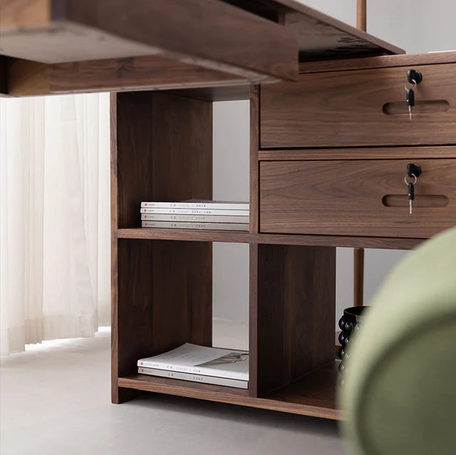 wooden desk with open shelf and 2 drawers