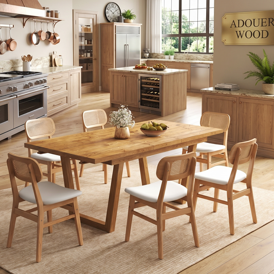 Dining area with wooden table and chairs in a kitchen setting, featuring 'ADOUER WOOD' branding.