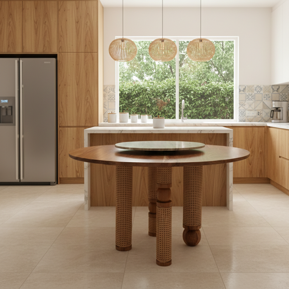 Modern kitchen with wooden dining table and natural light