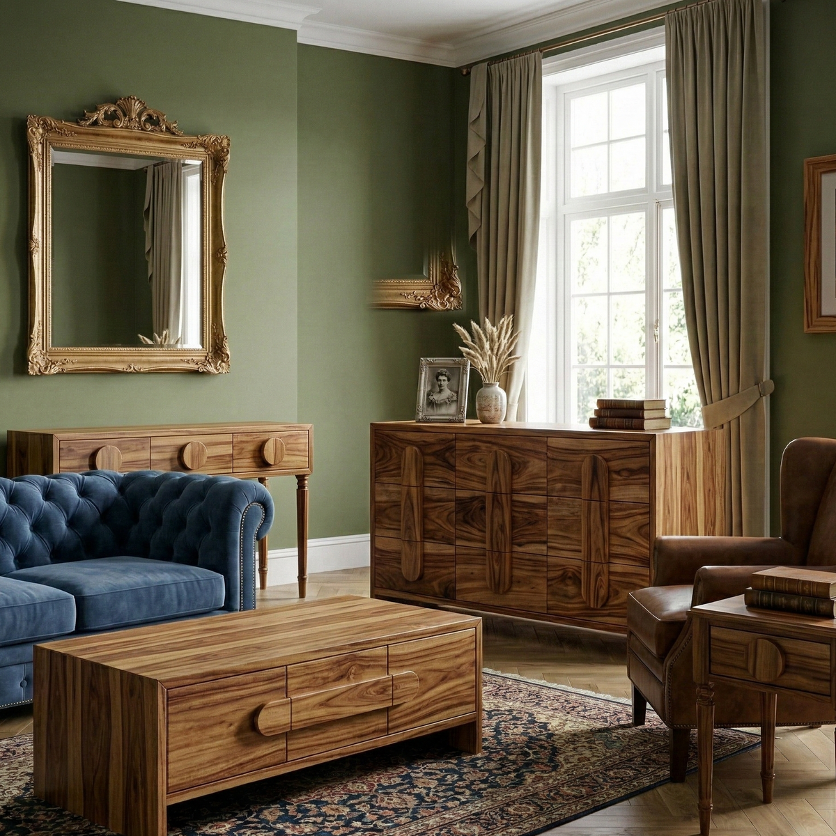 Living room with wooden furniture, blue sofa, and large mirror.
