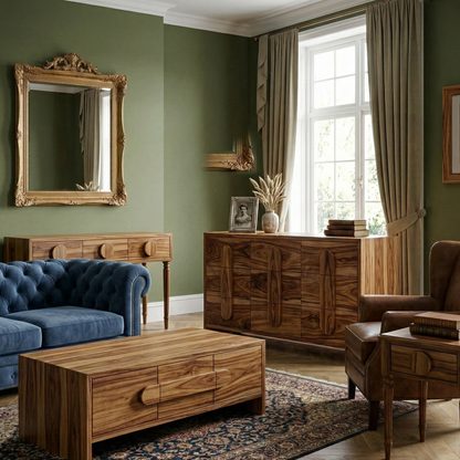 Living room with wooden furniture, blue sofa, and large mirror.