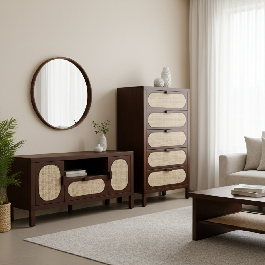 Modern living room with wooden furniture including a TV stand, chest of drawers, and coffee table.
