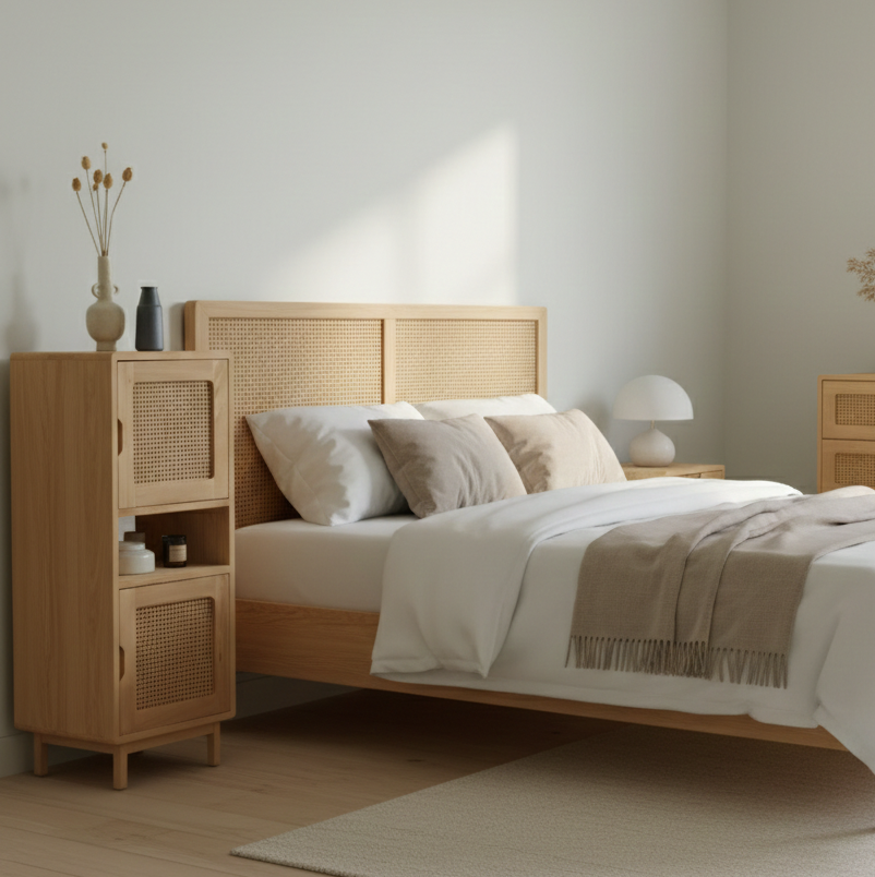 Bedroom with wooden furniture, including a bed and side tables, in a neutral color scheme.