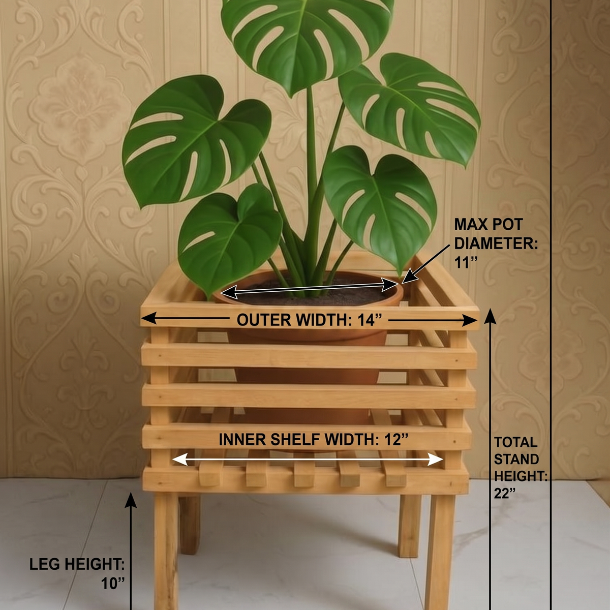 A wooden plant stand with a potted monstera plant, shown with overlaid dimension labels for outer width, inner shelf width, leg height, total stand height, and max pot diameter on a beige patterned wall background.