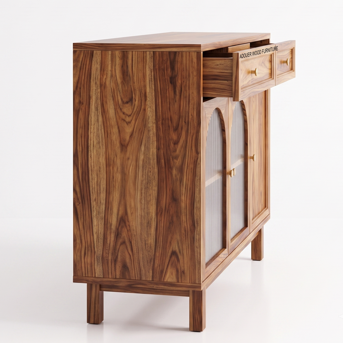A mid-century modern wooden cabinet with a rich walnut wood grain finish, featuring two drawers on top with brass pulls, two glass-front cabinet doors with arched tops, and brass hardware.