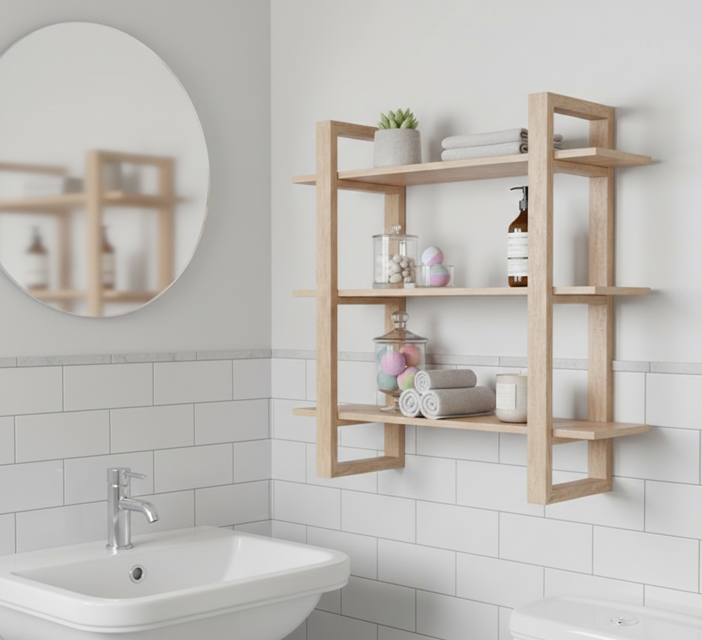 Bathroom with wooden shelves, sink, and mirror