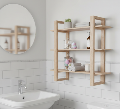 Bathroom with wooden shelves, sink, and mirror