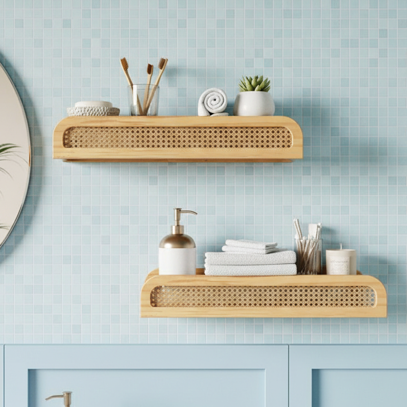 Bathroom with wooden shelves against a light blue tiled wall.