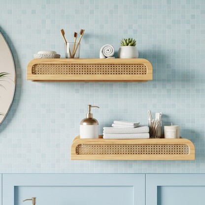 Bathroom with wooden shelves against a light blue tiled wall.