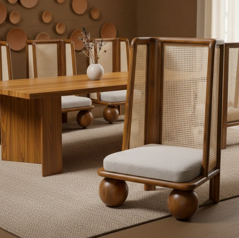 Dining room with wooden table and chairs featuring wicker backrests and cushioned seats.