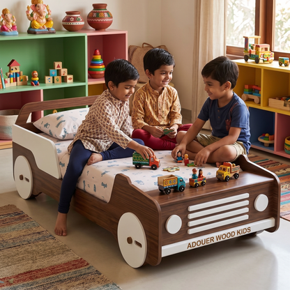 Three children playing with toy trucks on a wooden toy truck bed in a colorful room.