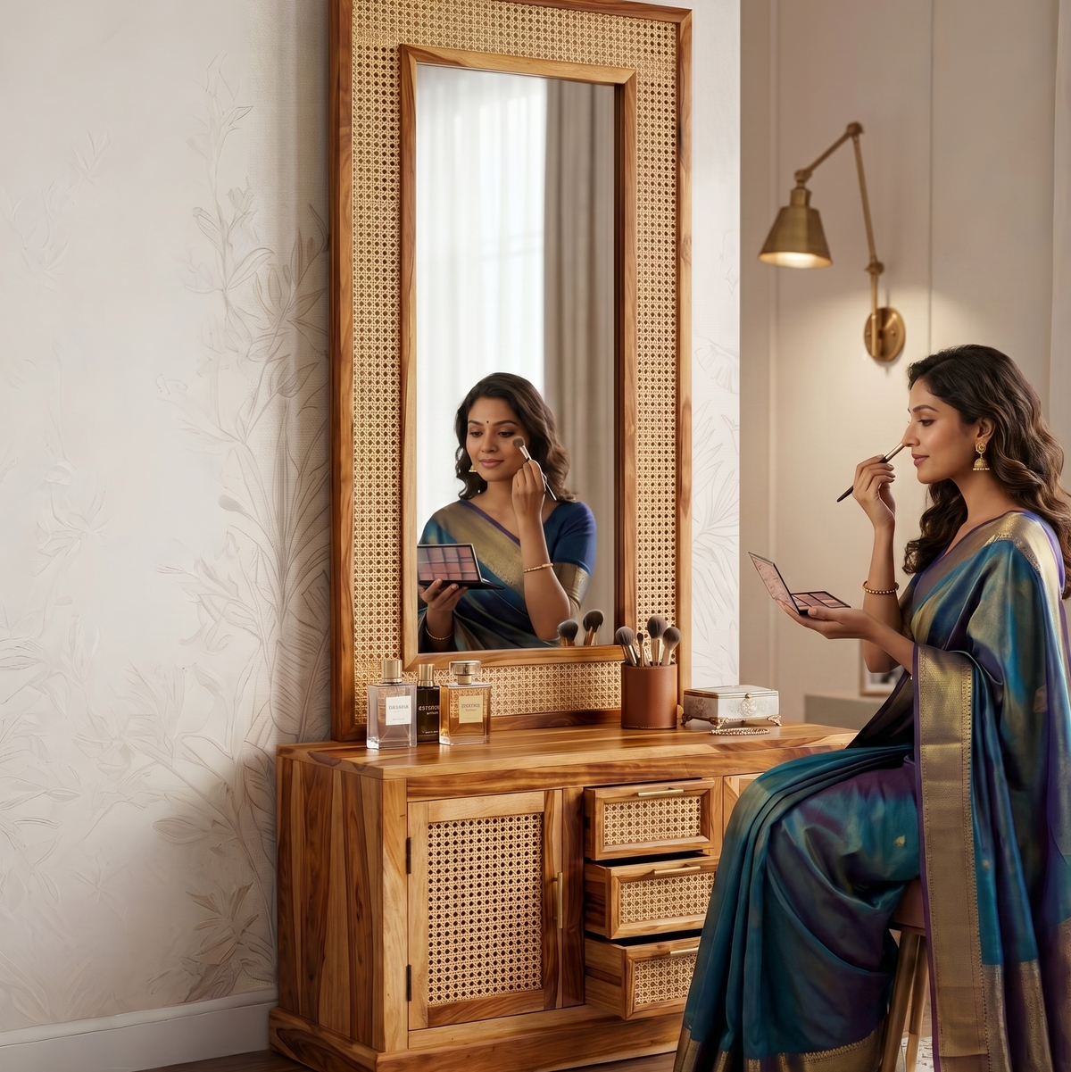 Woman applying makeup in front of a wooden vanity mirror.