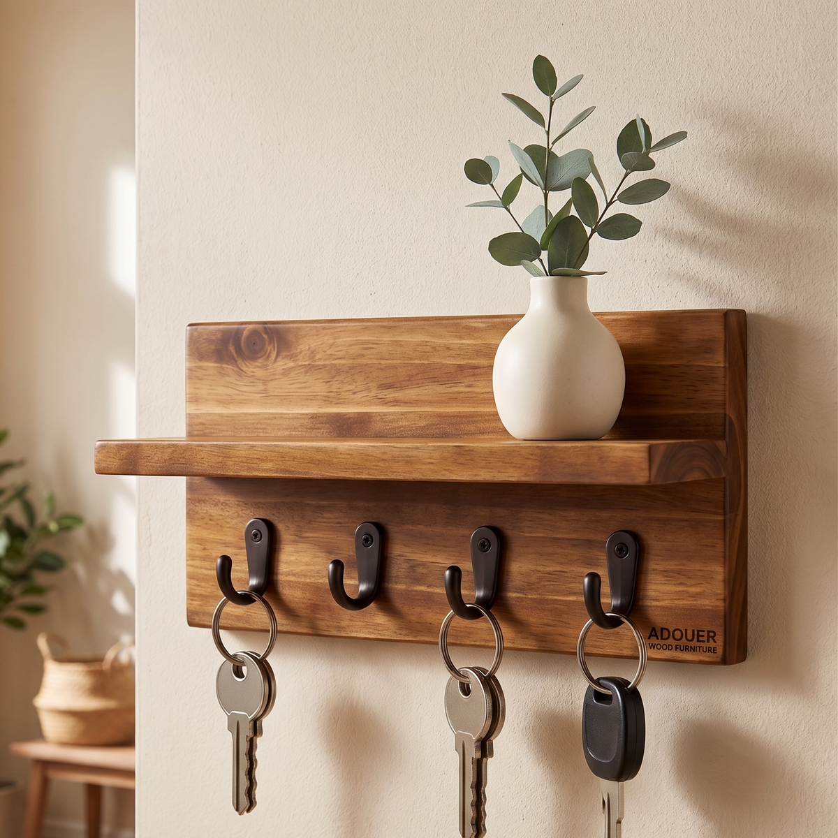 A wooden wall-mounted key rack with four black hooks and a matching shelf, styled with a small white vase of eucalyptus and hanging keys against a beige wall.