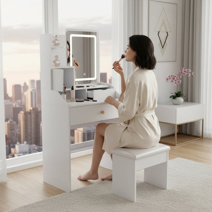 Woman applying makeup in a modern bedroom with a large window.