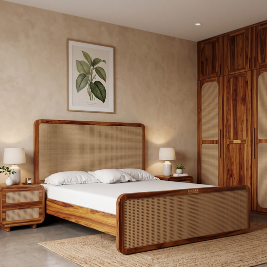 A wooden bed frame with a woven cane headboard and footboard, styled in a warm, modern bohemian bedroom with matching nightstands, a wooden wardrobe, and a framed botanical print on the wall.