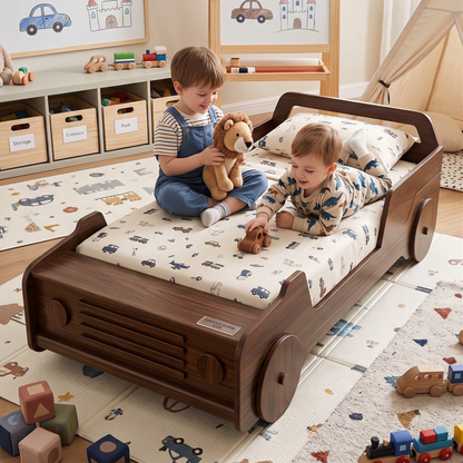 Children playing on a wooden bed shaped like a car in a playroom.