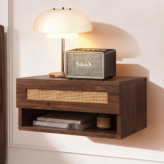 Wooden shelf with a Marshall speaker and lamp on a neutral background