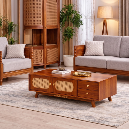 Living room with wooden furniture, including a coffee table and side chairs, with a neutral color scheme.