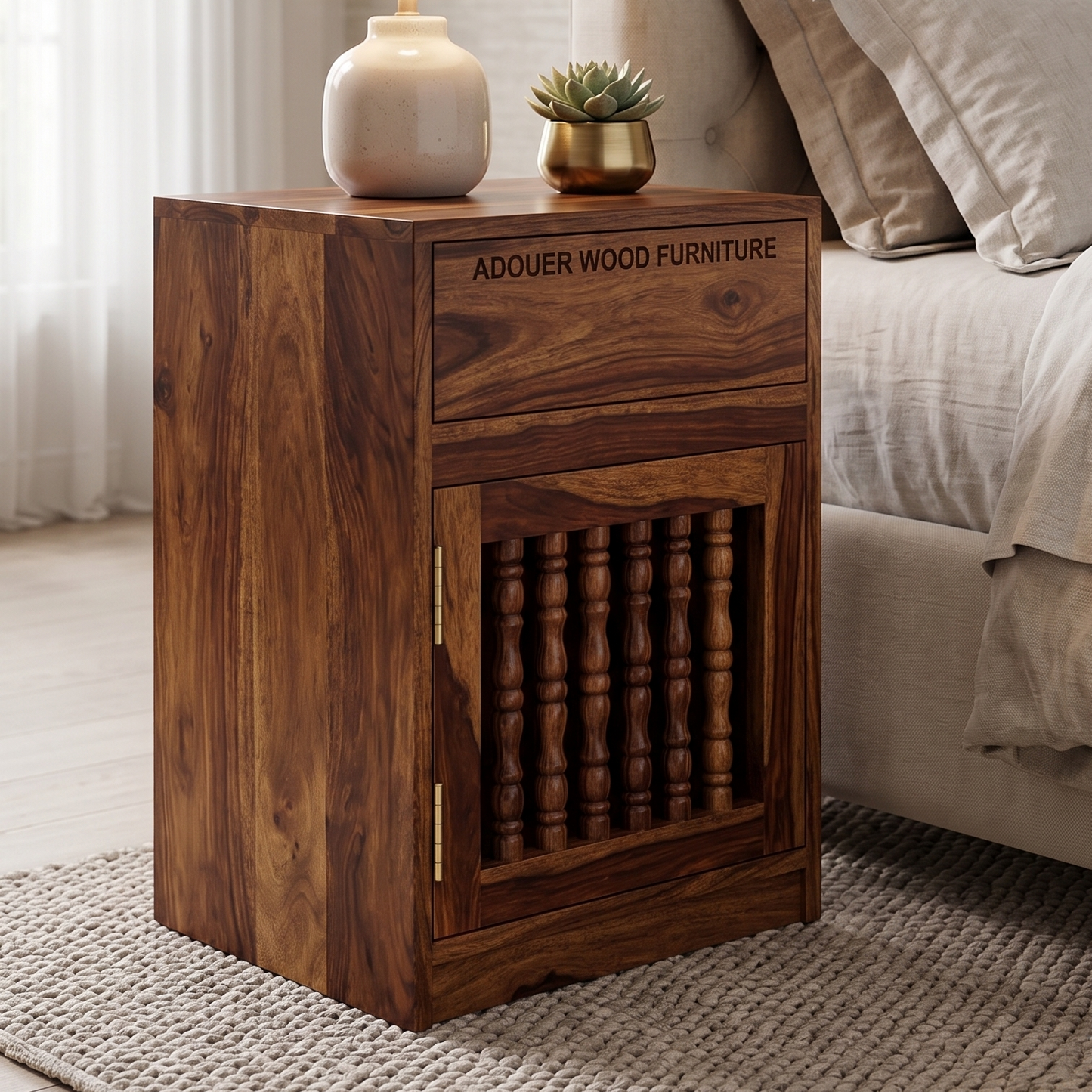 ADOUER WOOD Solid Sheesham Wood Bedside Table with 1 Drawer and Turned Spindle Cabinet Door (Natural Honey Finish)