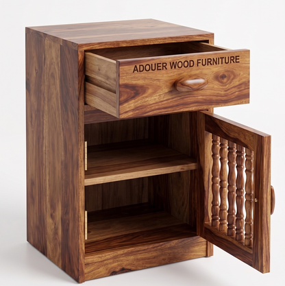 ADOUER WOOD Solid Sheesham Wood Bedside Table with 1 Drawer and Turned Spindle Cabinet Door (Natural Honey Finish)