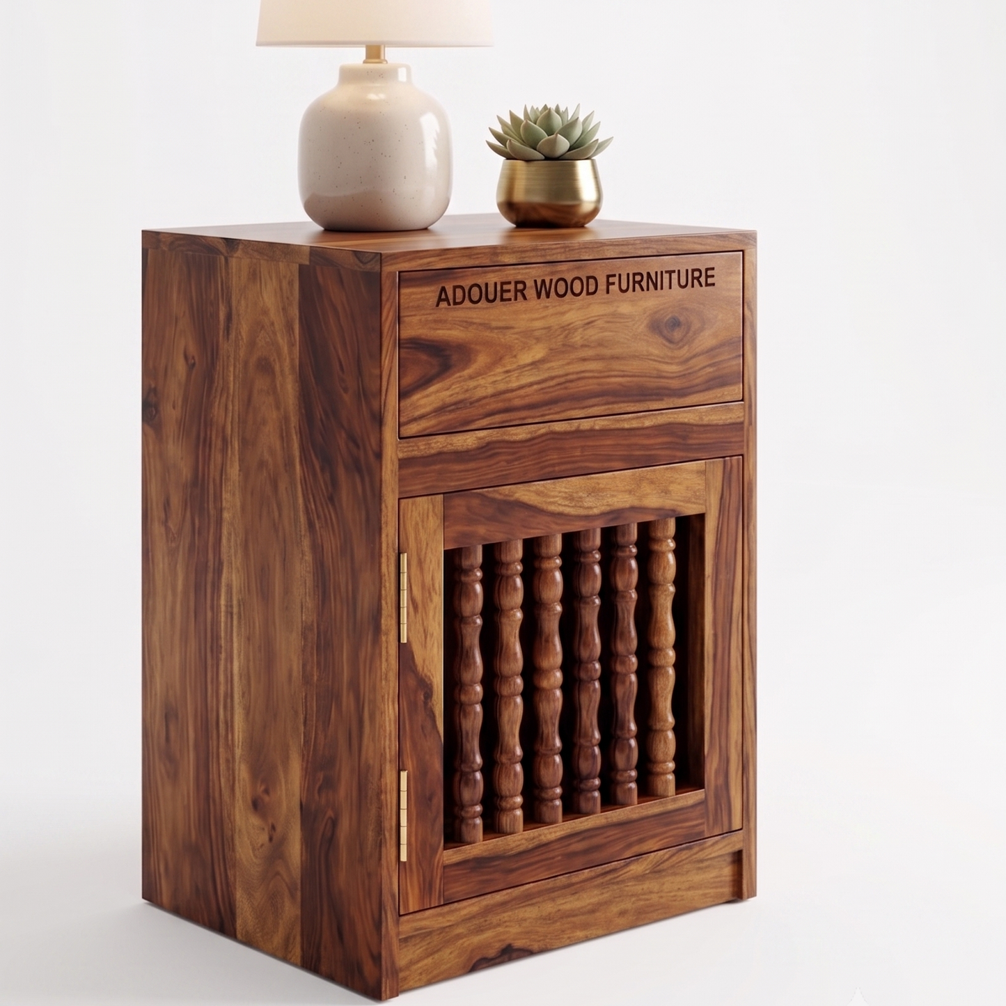ADOUER WOOD Solid Sheesham Wood Bedside Table with 1 Drawer and Turned Spindle Cabinet Door (Natural Honey Finish)
