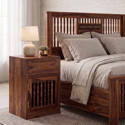 ADOUER WOOD Solid Sheesham Wood Bedside Table with 1 Drawer and Turned Spindle Cabinet Door (Natural Honey Finish)