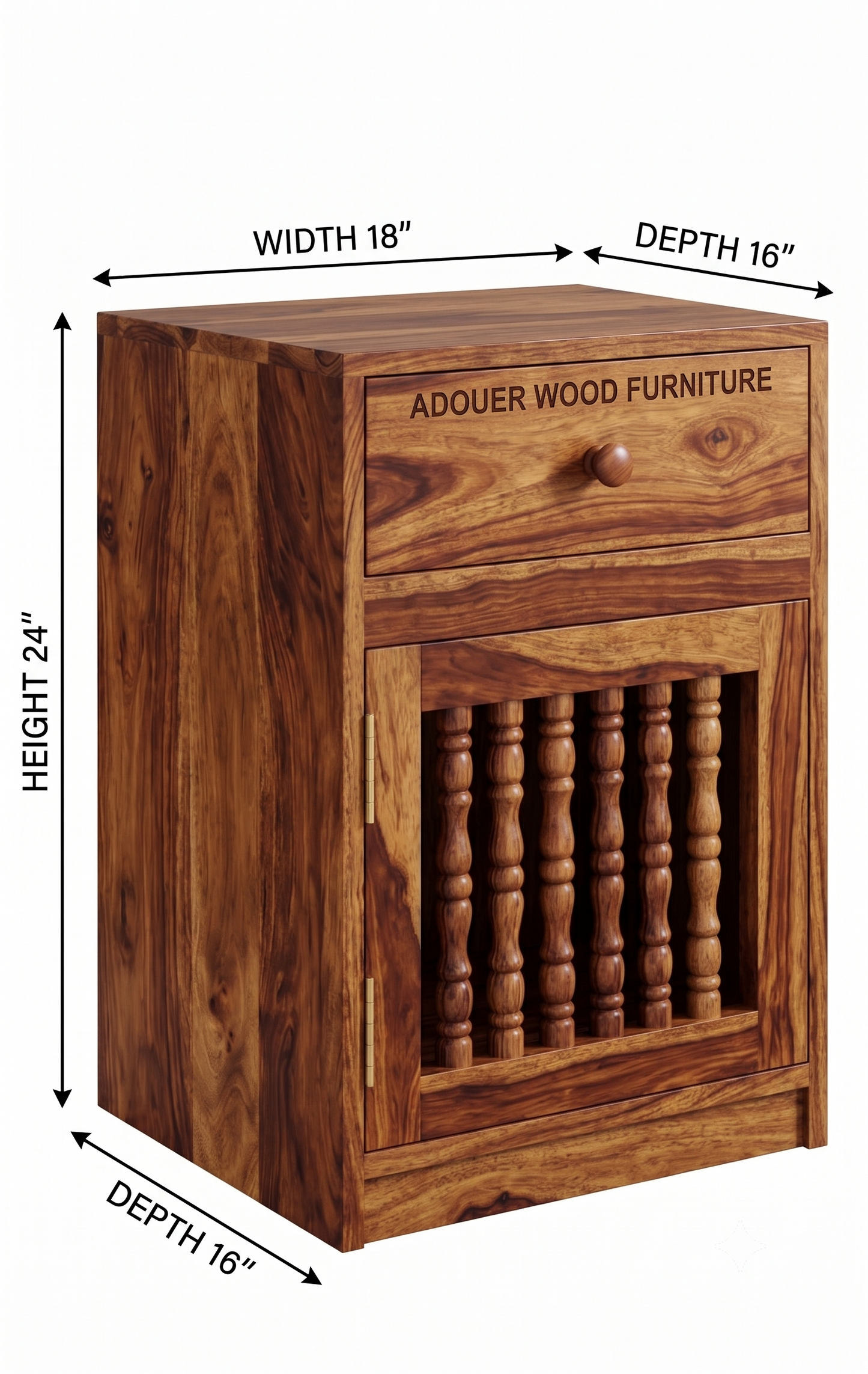 ADOUER WOOD Solid Sheesham Wood Bedside Table with 1 Drawer and Turned Spindle Cabinet Door (Natural Honey Finish)