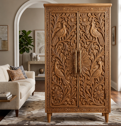 A tall carved wooden cabinet with two doors, featuring intricate floral and peacock motifs, shown in a styled living room setting.