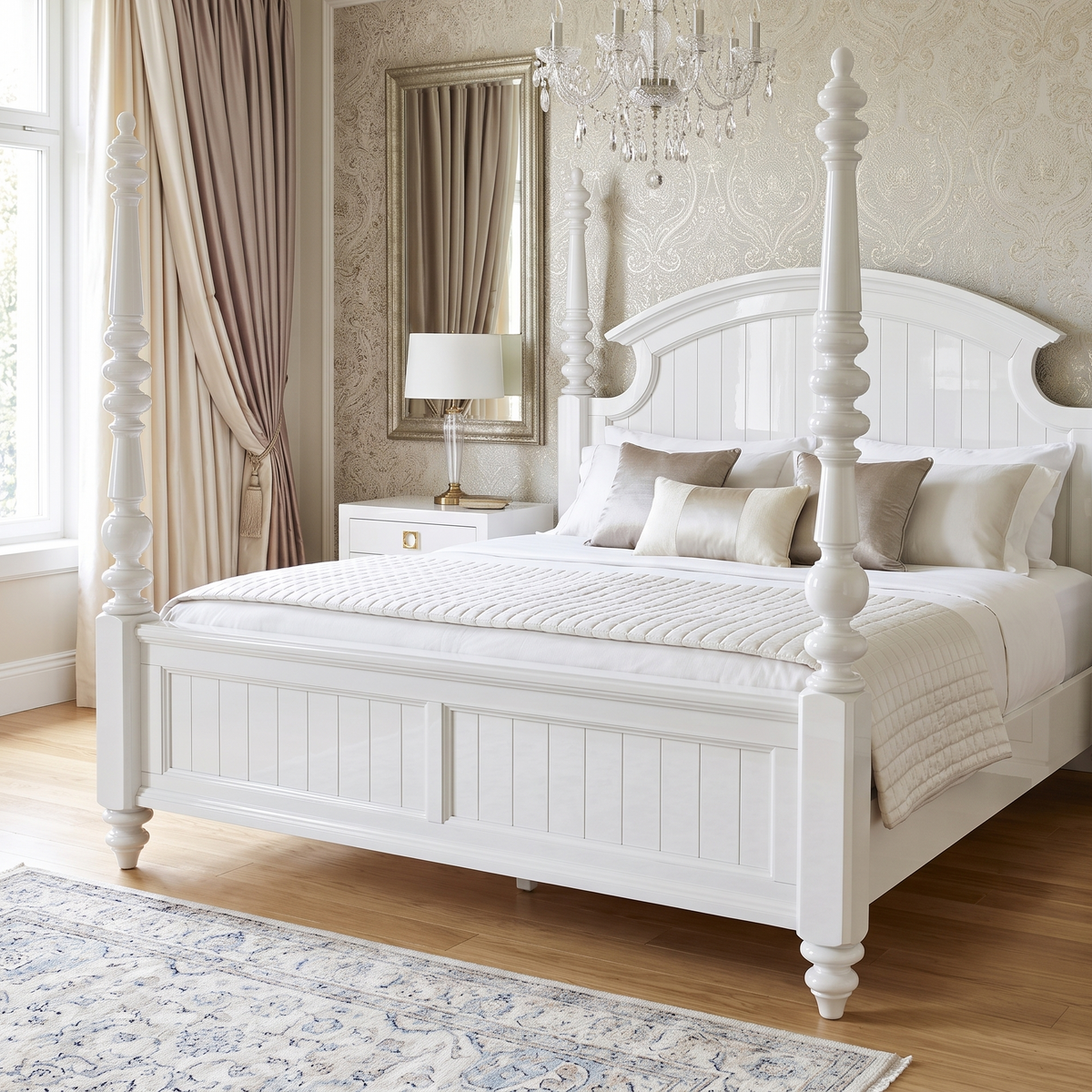 A white wooden four-poster bed with a paneled footboard and arched headboard, styled with white and beige bedding, in a bright, classic bedroom.