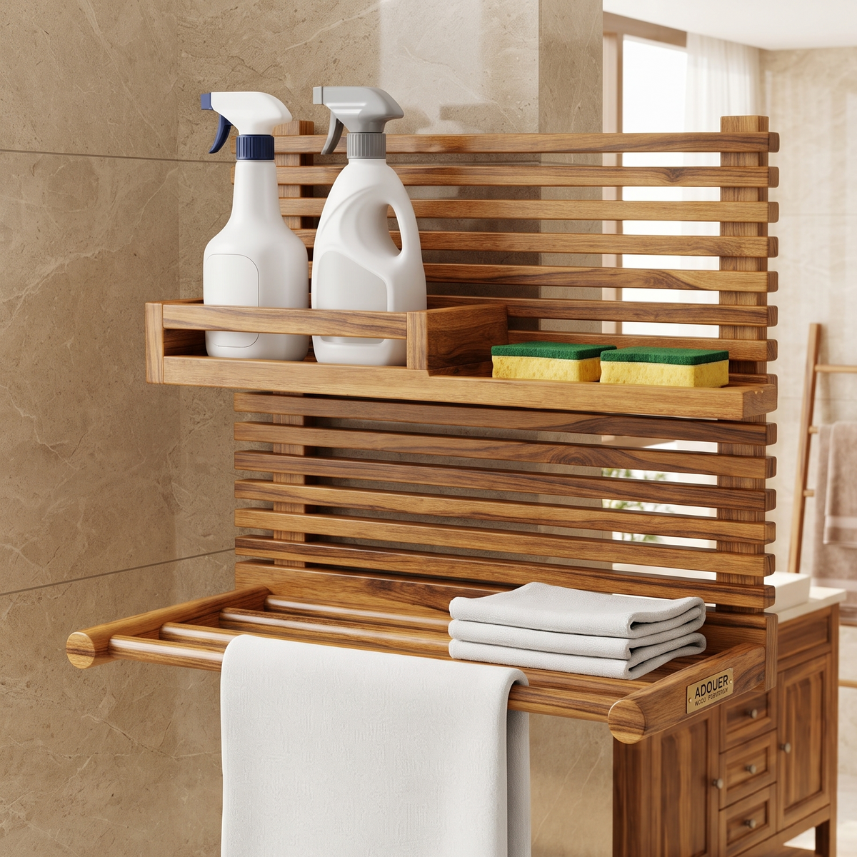 A wooden bathroom storage rack with a towel bar, shelf, and hanging drawer, styled with cleaning bottles, sponges, and folded towels in a beige tiled bathroom setting.