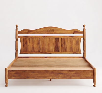 A wooden bed frame with a slatted base and a carved headboard, shown against a plain white studio background. The brand name 'ADOuer wood' is visible on the headboard.