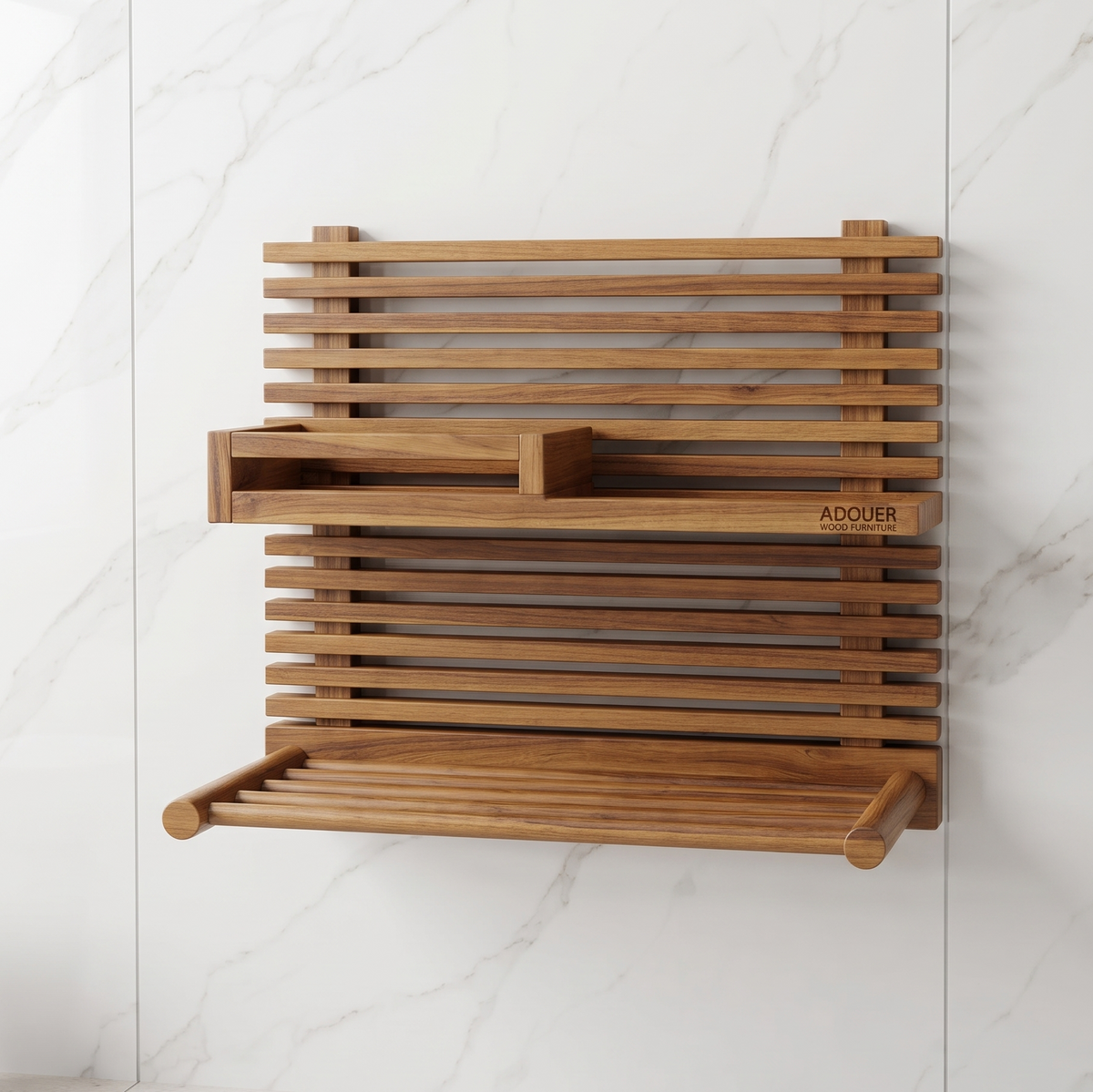A wooden wall-mounted bathroom shelf set with three tiers, featuring a slatted design and a small visible 'ADOUER' brand mark on the middle shelf, shown against a white marble-patterned wall.