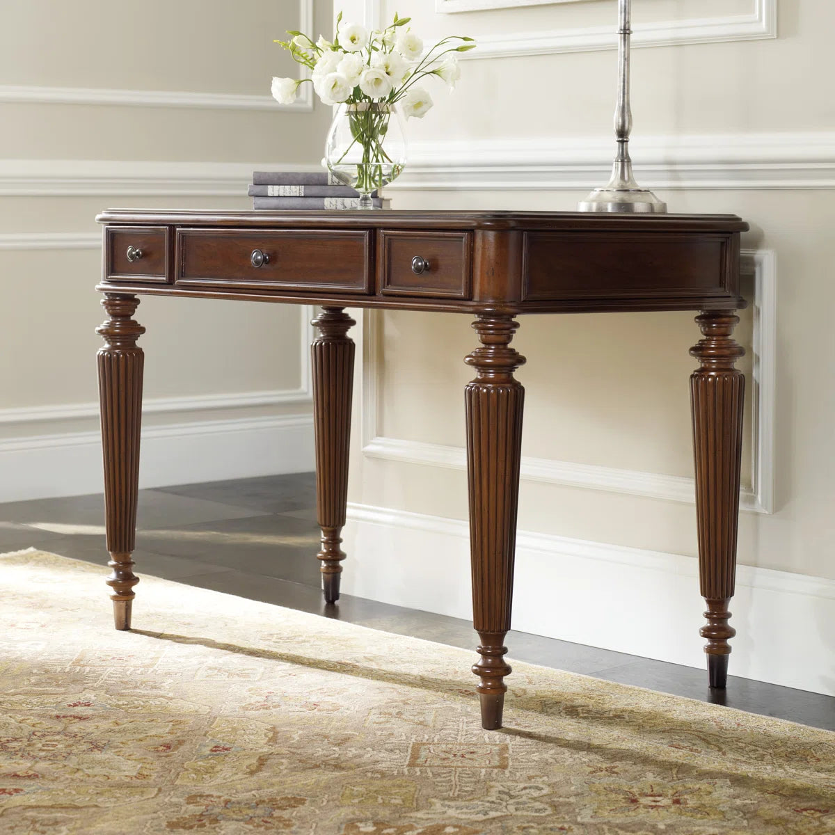 Adouer Wood "Aaylie Solid Wood Writing Desk – 42'' Classic Carved Desk with Fluted Legs and Rich Mahogany Finish"