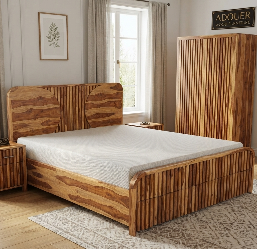Adouer Wood Modern Fluted Wooden Bed Frame Queen Size , Half Wheels Storage and Half Hydraulic Storage